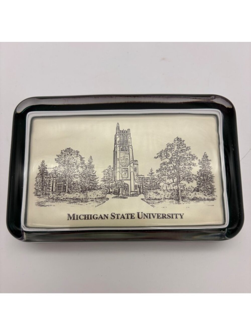 Vintage Michigan State University Beaumont Tower Eglomise Glass Paperweight Desk